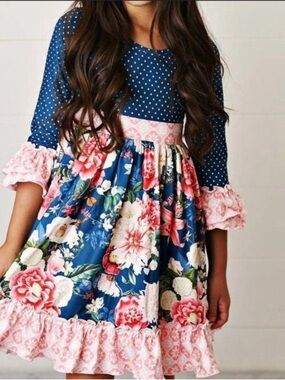 Navy Floral Ruffle Girls' Dress with Pink Trim